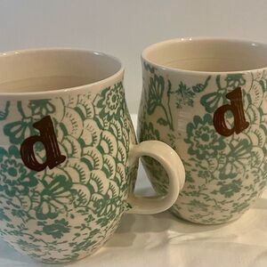 Anthropologie Homegrown Floral Green and White set mugs Letter D